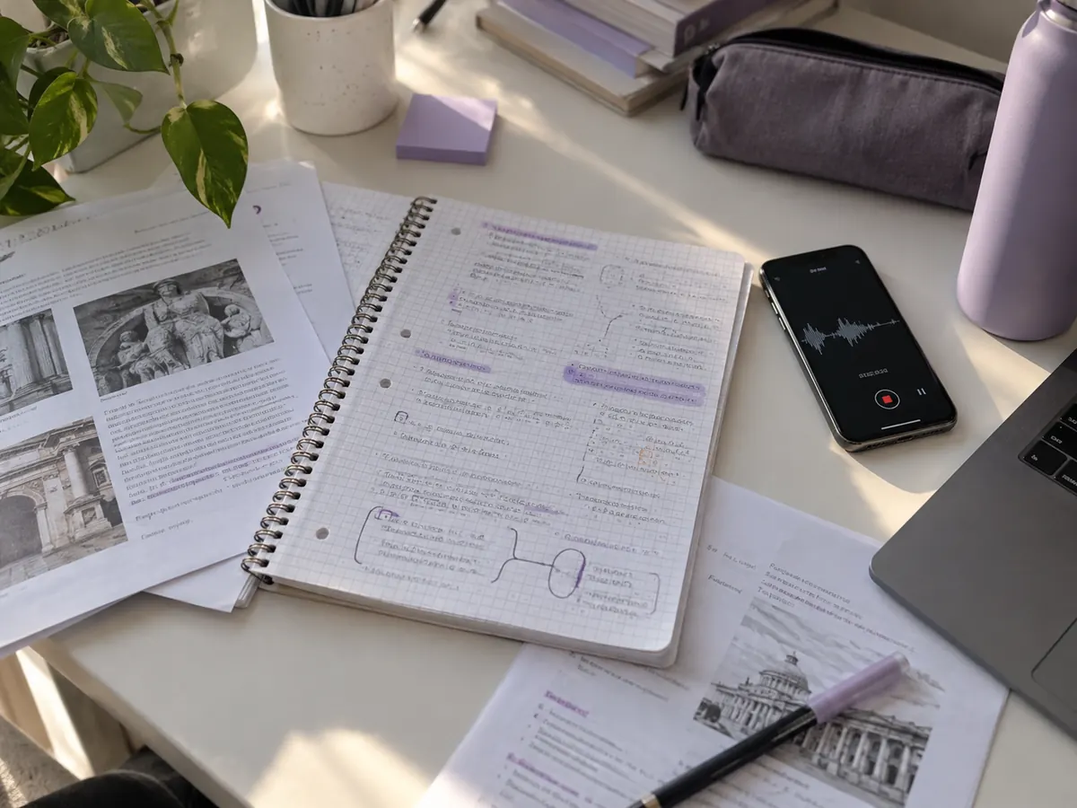 Quaderno, dispense e telefono con una registrazione su una scrivania
